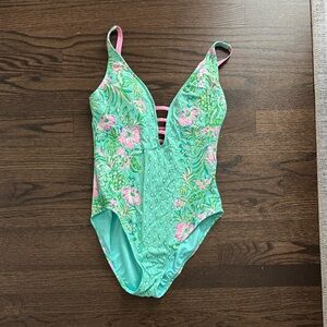 Lilly Pulitzer Green and Pink Floral One Piece Swimsuit